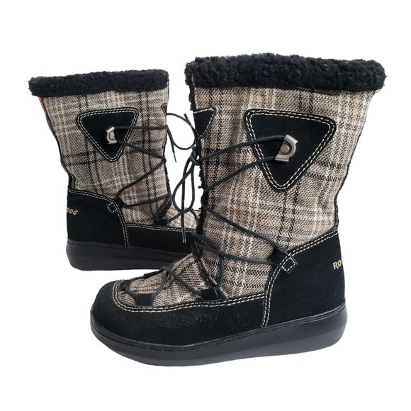 Rocket Dog Shoes - Rocket Dog Midcalf Snow Boots Black Brown Plaid Lace Up Square Toe Boot Size 8